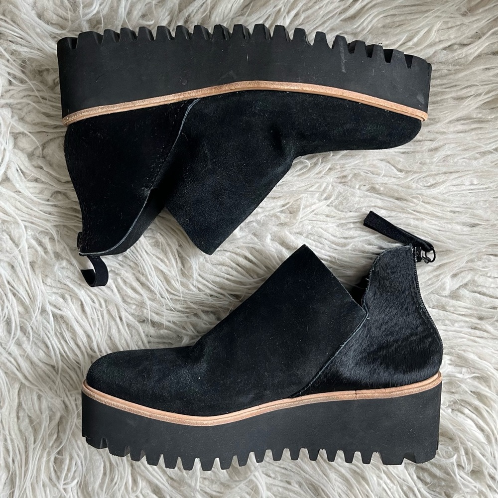All Black Shootie Tread Suede Pony Hair Black Platform Ankle Boots NWOB Sz 37.5